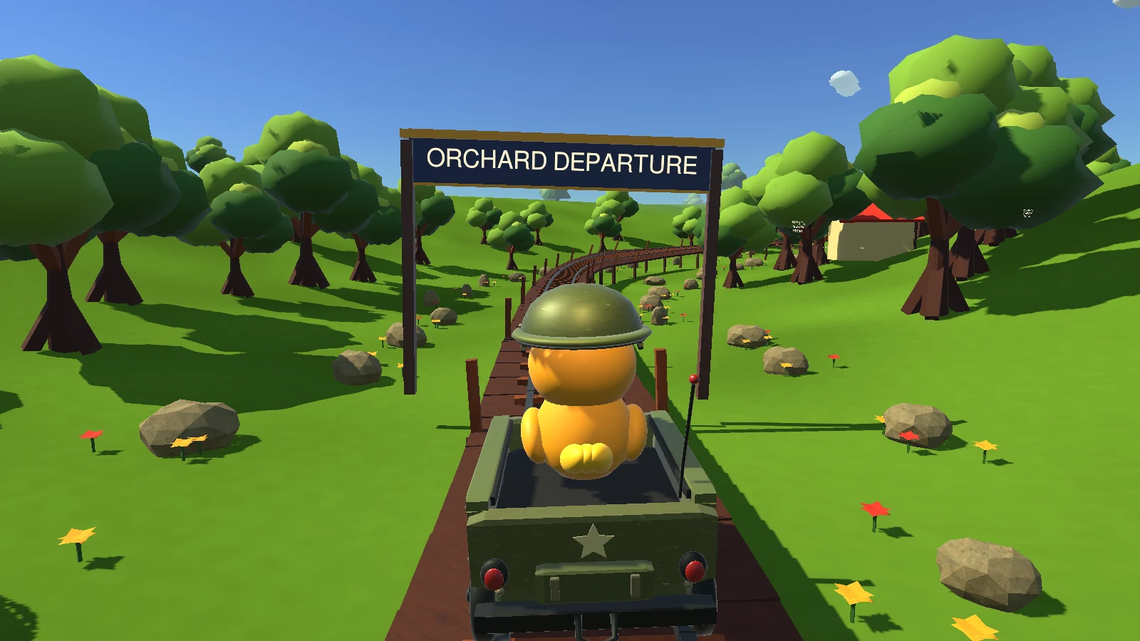 The duck approaching a broad Orchard Departure banner above the railway