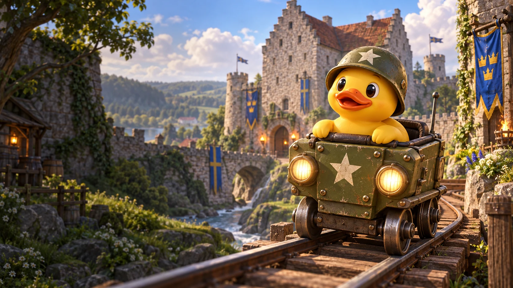 A cheerful helmeted duck driving a tiny armoured minecart outside a fairytale castle